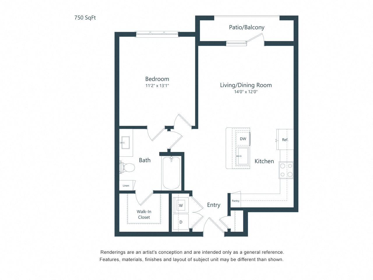 A1 Floor Plan 750 square foot one bedroom one bath